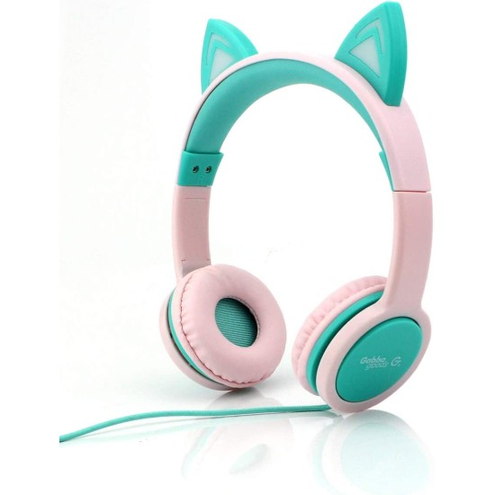  Kids SafeSounds Cat Led Light-Up Wired Headphones, Green/Pink