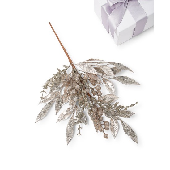  Cinnamon & Spice Glittered Leaves With Ball Pick Ornament, Gray