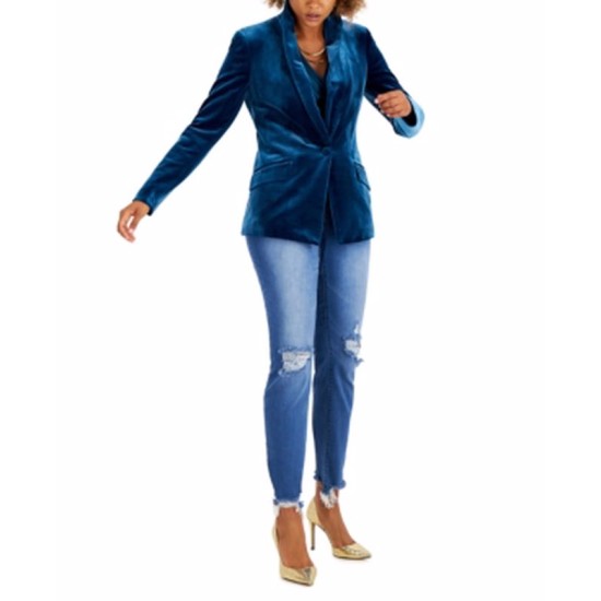  INC Velvet Blazer One Button Lapels Slim Fit Casual Business Work Jacket, Teal, Medium