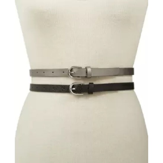  Womens 2-for-1 Embossed Solid Belt (Pewtersilver/Black, XL)