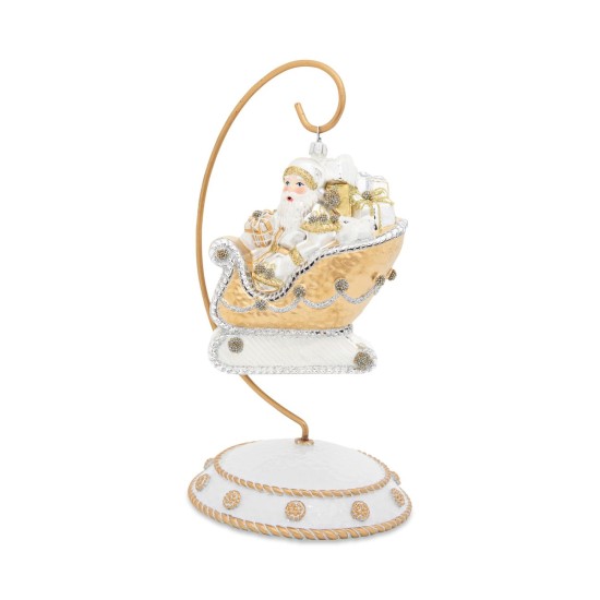  Berry & Thread Gold & Silver Santa in Sleigh Glass Ornament,4” x 5”