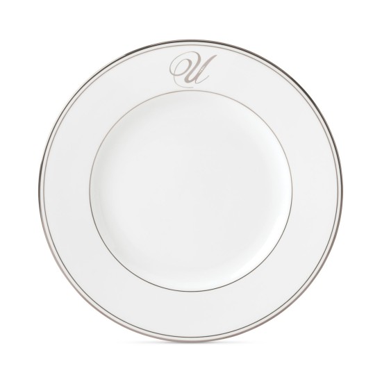  Federal Platinum Monogram Dinner Plate, Script Letters,U, White