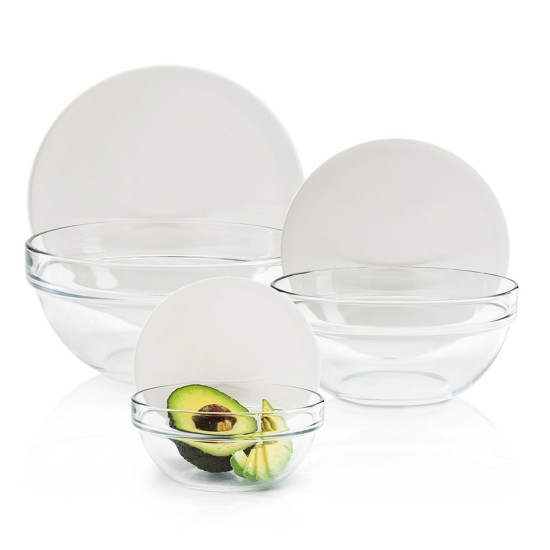 Stackable Bowls Set with White Lids, Stand, Clear