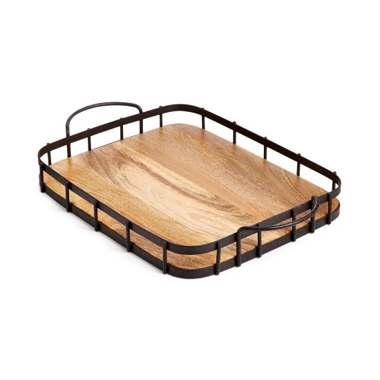 Farmhouse Wood & Wire Tray, Brown, 19′ x 12”