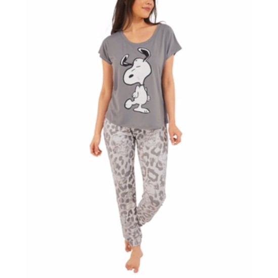  Snoopy Peanuts Snoopy Leopard Pajama Sets, Gray, X-Small