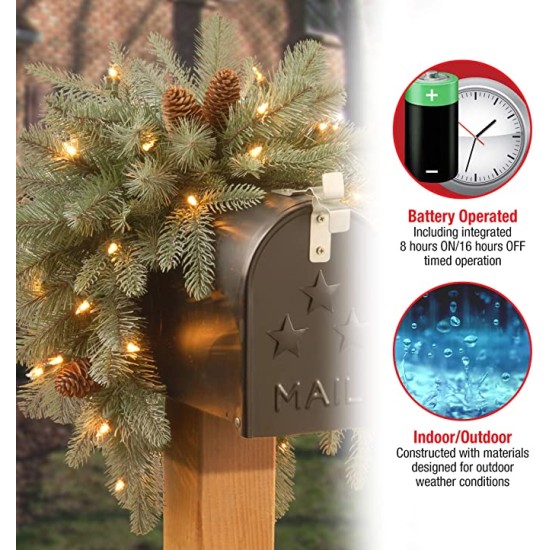  Company ‘Feel Real’ Pre-lit Artificial Christmas Mail Box Swag | battery-operated White LED Lights | Frosted Artic Spruce – 36 Inch