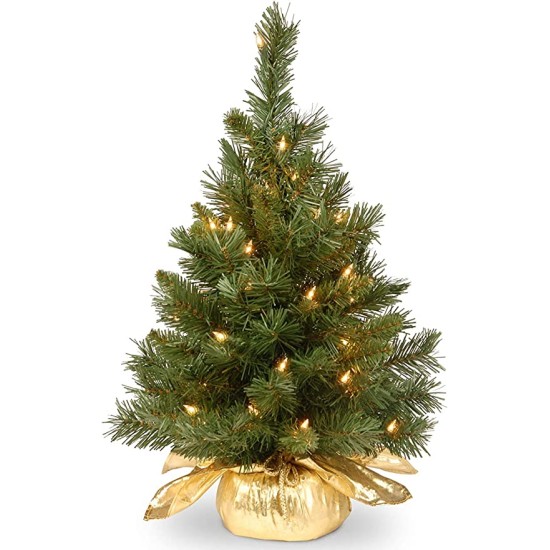  Company Pre-lit Artificial Mini Christmas Tree | Includes Small Lights and Cloth Bag Base | Majestic Fir – 2 ft