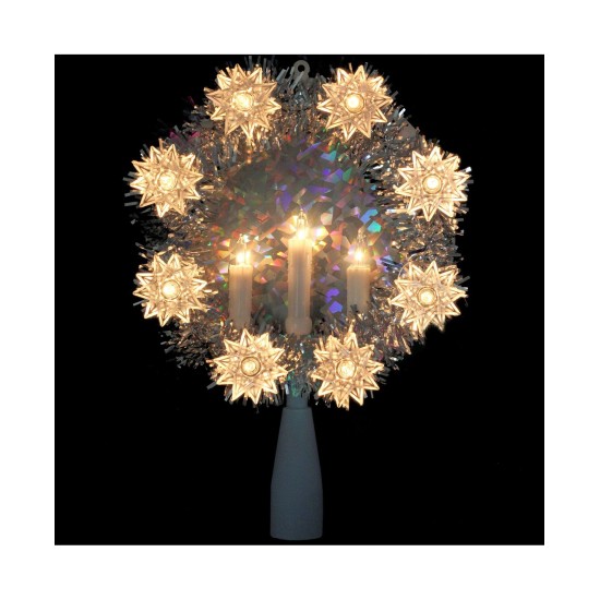  7″ Silver Wreath with Candles Christmas Tree Topper – Clear Lights