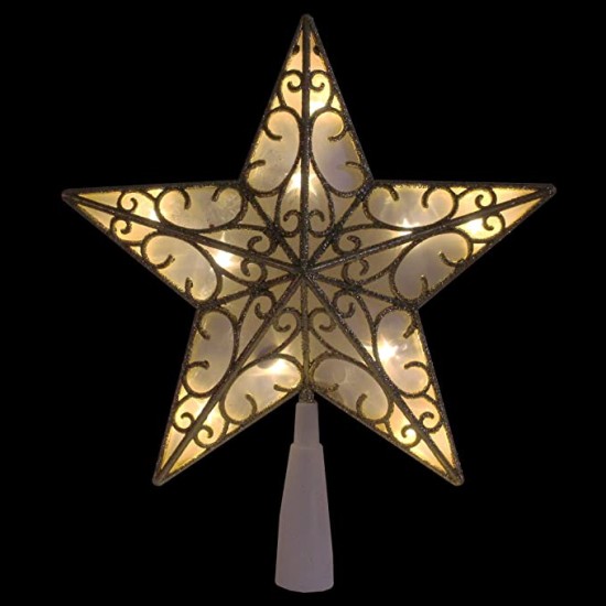  9″ Gold and White Glittered Star LED Christmas Tree Topper – Warm White Lights