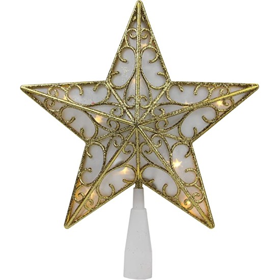  9″ Gold and White Glittered Star LED Christmas Tree Topper – Warm White Lights