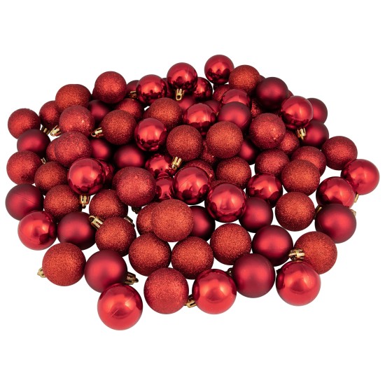  96 Count 4-Finish Shatterproof Christmas Ball Ornaments, 1.5″, Red Hot