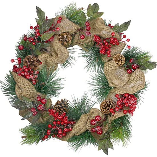  Iced Berries and Burlap Artificial Christmas Pine Wreath, 18-Inch, Unlit