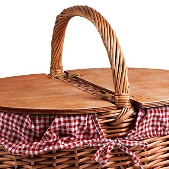  – Country Vintage Picnic Basket with Lid – Wicker Picnic Basket for 2, (Red & White Gingham Pattern)
