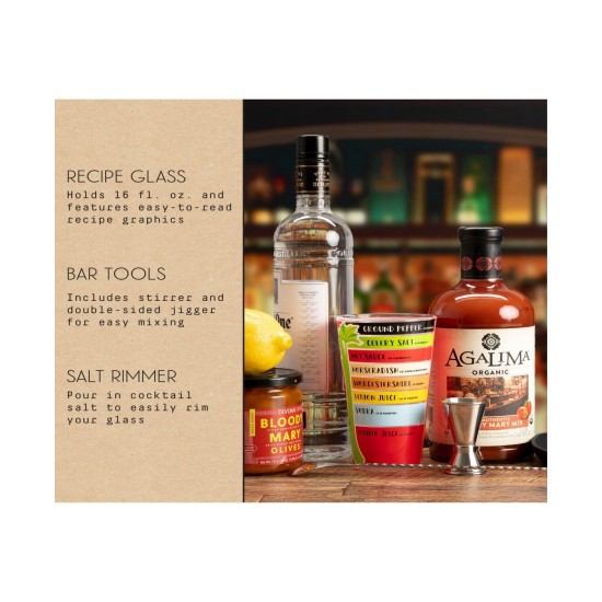  Bloody Mary Bar Tool Kit + Recipe Glass, 3 Pieces Set, Multi