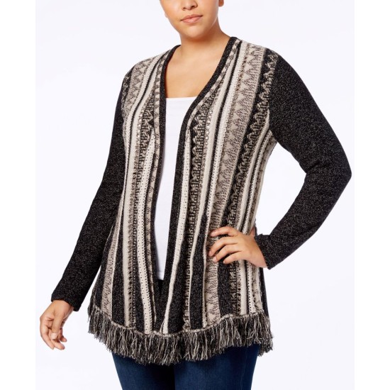 Style & Co Plus Printed Fringed Open-Front Cardigan (Beige)