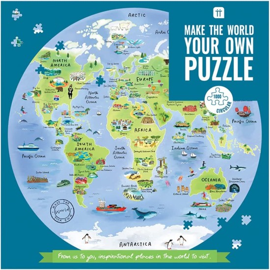  1000 Piece World Map Puzzle for Adults Unique Circular Jigsaw with Famous Landmarks, Travel Gifts, Present PUZZ-MAP-World