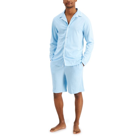  Mens Piped Pajama Shirts, Light Blue, Medium