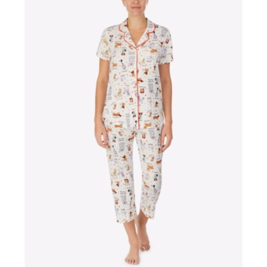 Cuddl Duds Notched Top & Cropped Pajama Pants Sets, Ivory, Medium