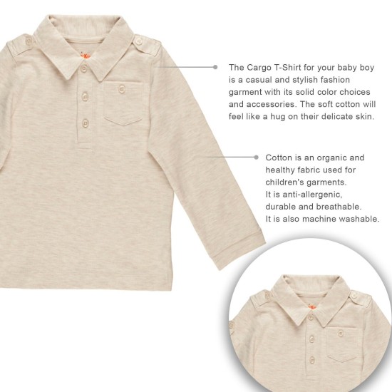 Boys Solid Cargo Polo Peruvian Cotton T-Shirt – Long Sleeve, Polo Neck With 3 Buttons, Oatmeal Heather, 4