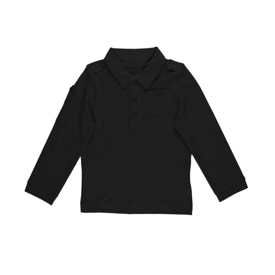  Boys Solid Cargo Polo Peruvian Cotton T-Shirt – Long Sleeve, Polo Neck With 3 Buttons, Black, 3