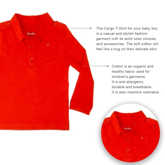  Boys Solid Cargo Polo Peruvian Cotton T-Shirt – Long Sleeve, Polo Neck With 3 Buttons, Auburn, 3