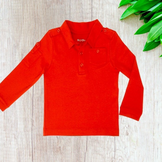  Boys Solid Cargo Polo Peruvian Cotton T-Shirt – Long Sleeve, Polo Neck With 3 Buttons, Auburn, 3