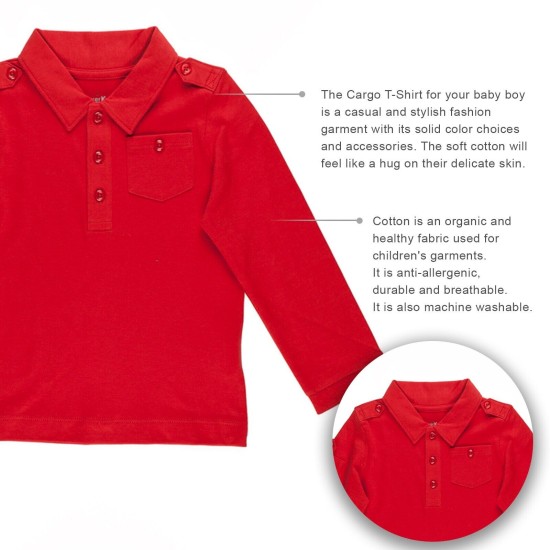  Boys Solid Cargo Polo Peruvian Cotton T-Shirt – Long Sleeve, Polo Neck With 3 Buttons, brick, 2