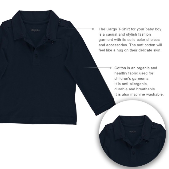  Boys Solid Cargo Polo Peruvian Cotton T-Shirt – Long Sleeve, Polo Neck With 3 Buttons, Navy, 5