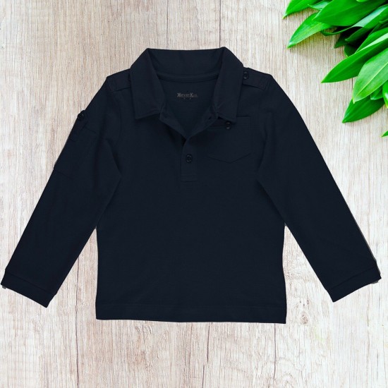  Boys Solid Cargo Polo Peruvian Cotton T-Shirt – Long Sleeve, Polo Neck With 3 Buttons, Navy, 3