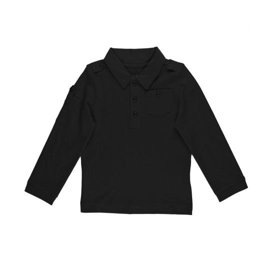  Boys Solid Cargo Polo Peruvian Cotton T-Shirt – Long Sleeve, Polo Neck With 3 Buttons, Black, 5