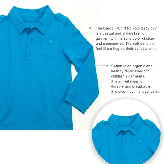  Boys Solid Cargo Polo Peruvian Cotton T-Shirt – Long Sleeve, Polo Neck With 3 Buttons, Williamsburg Blue, 3