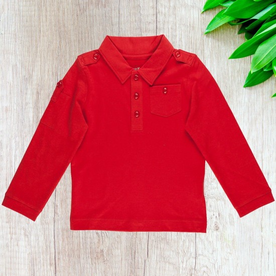  Boys Solid Cargo Polo Peruvian Cotton T-Shirt – Long Sleeve, Polo Neck With 3 Buttons, brick, 4