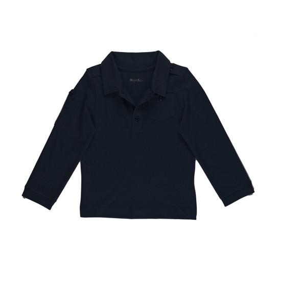  Boys Solid Cargo Polo Peruvian Cotton T-Shirt – Long Sleeve, Polo Neck With 3 Buttons, Navy, 4