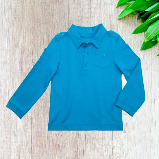  Boys Solid Cargo Polo Peruvian Cotton T-Shirt – Long Sleeve, Polo Neck With 3 Buttons, Williamsburg Blue, 4