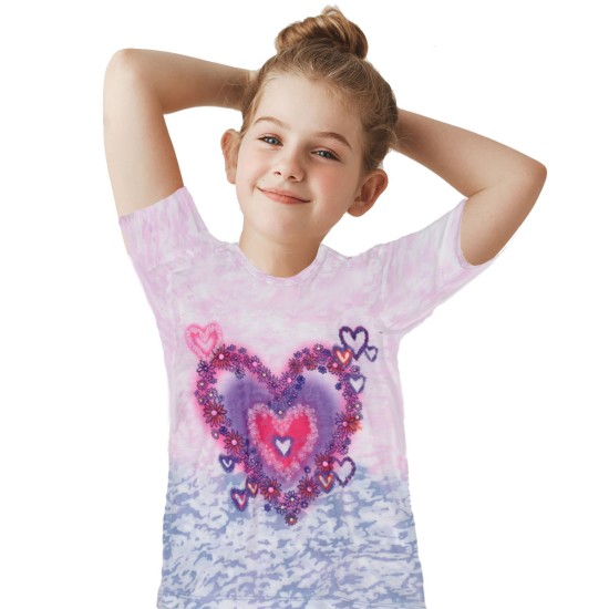  Girls Big Heart Graphic Printed Peruvian Cotton T-Shirt – Short Sleeve, Crewneck, Hot Pink, 3