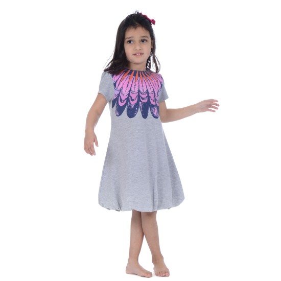  Girls Bubble Skirt Peruvian Cotton Dress – Crewneck, Short Sleeve, Heather Grey, 4