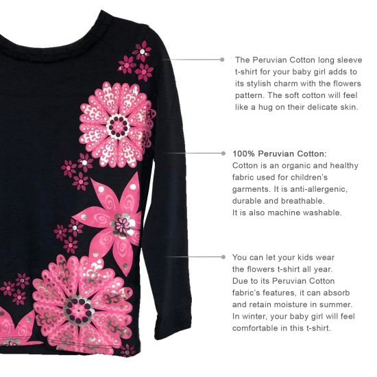  Girls Flowers Graphic Printed Peruvian Cotton T-Shirt – Long Sleeve, Frill Crewneck, Winters Nights, 3