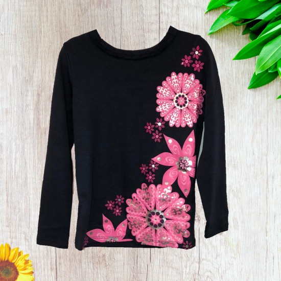  Girls Flowers Graphic Printed Peruvian Cotton T-Shirt – Long Sleeve, Frill Crewneck, Winters Nights, 4