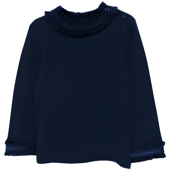  Girls Frilled Neck And Cuffs Peruvian Cotton T-Shirt – Long Sleeve, Crewneck, Winters Night, 8