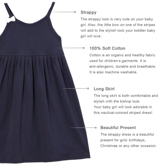  Toddler Baby Girls Strappy Peruvian Cotton Dress – Loose Fit, Long Skirt, Midnight, 3