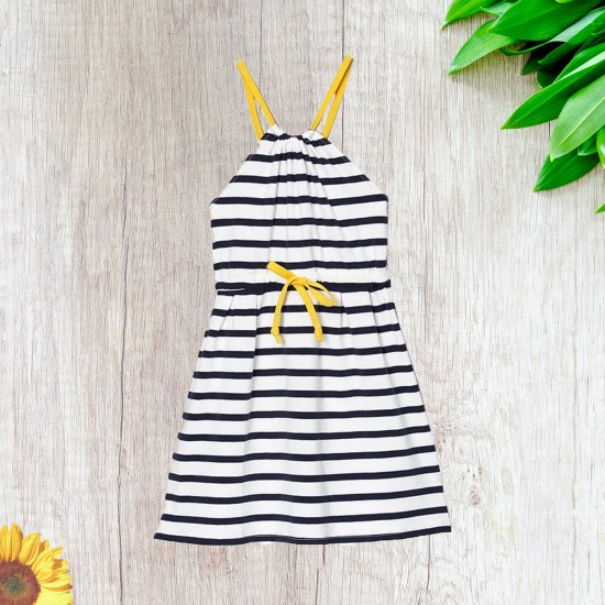  Toddler Baby Girls Striped Peruvian Cotton Dress – Strappy, Long Skirt, Navy Stripe, 2