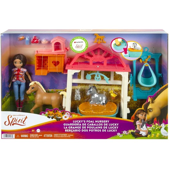  Spirit Lucky’s Foal Nursery Playset with Lucky Doll (7 in), Caretaking Area, Scale, Mobile, Hoof-Activated Cradle, Bunny Crate, 4 Animal Figures, Feeding Treats, Great Gift for Ages 3 Years Old & Up