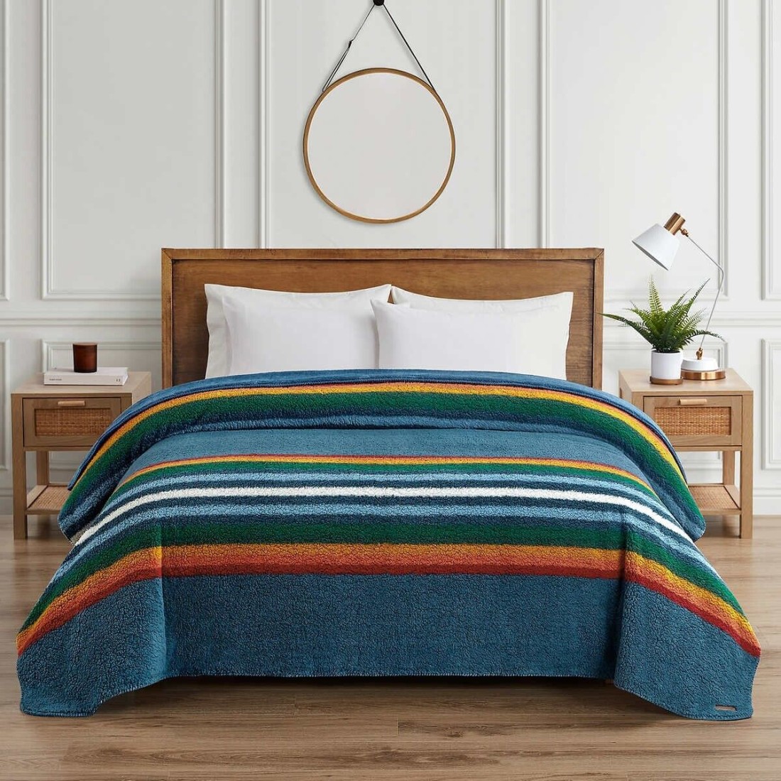 Pendleton Sherpa Fleece Blanket, Queen, Serape Stripe Blue