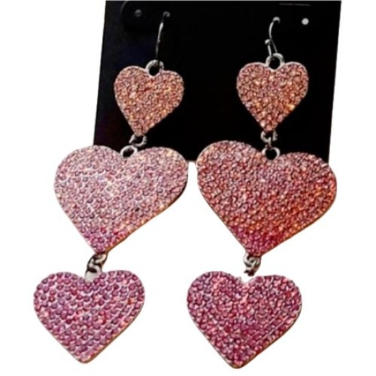  Hematite-Pink Tone Pave Heart Triple Drop Earrings