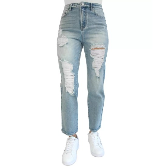  Juniors’ Ripped Mom Jeans, Blue, 3