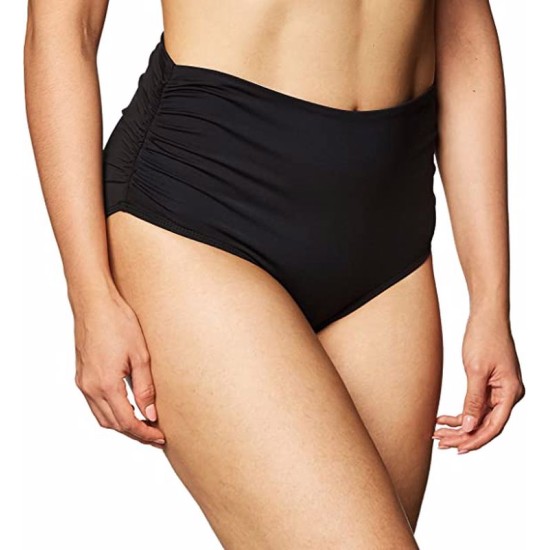  Womens High Waist Fold Over Shirred Swimsuit Bikini Bottoms, Live in Color Black, X-Small