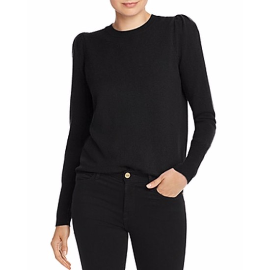 Aqua Cashmere Puff-Sleeve Cashmere Sweater, Black, X-Small