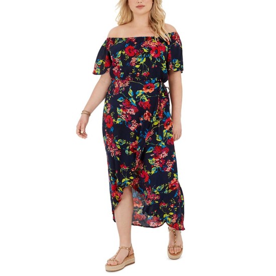  Trendy Plus Size Off-The-Shoulder Floral-Print High-Low Dress