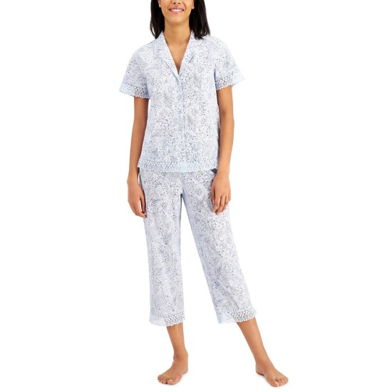  Notched Collar Top & Capris Pajama Sets, Light Blue, X-Small