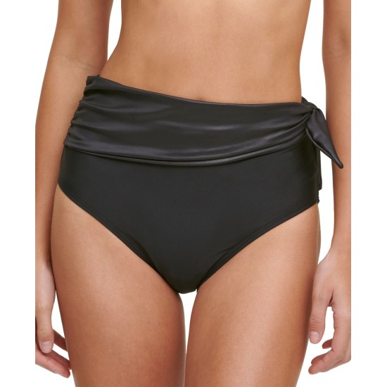  Sash High-Waist Bikini Bottoms, Large, Black
